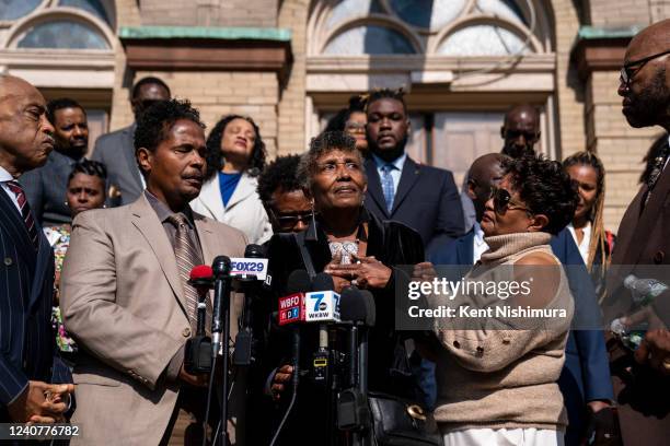 Robin Harris, daughter of the late Ruth Whitfield, speaks during a news conference with the Rev. Al Sharpton and Attorney Ben Crump along with family...