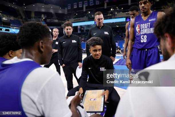Candice Dupree talks to the team during the 2022 NBA Draft Combine on May 19, 2022 at the Wintrust Arena in Chicago, Illinois. NOTE TO USER: User...