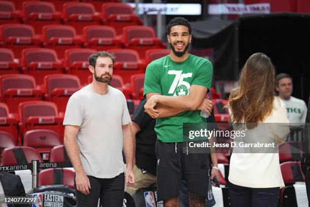 Skills Coach, Drew Hanlen and Jayson Tatum of the Boston Celtics talk before Game 2 of the 2022 NBA Playoffs Eastern Conference Finals on May 19,...