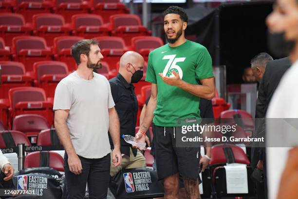 Skills Coach, Drew Hanlen and Jayson Tatum of the Boston Celtics talk before Game 2 of the 2022 NBA Playoffs Eastern Conference Finals on May 19,...