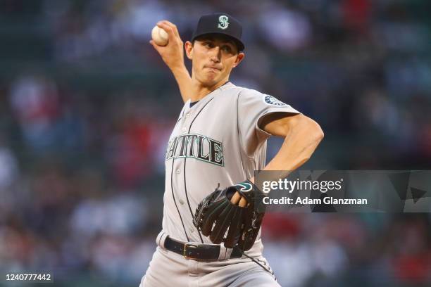 George Kirby of the Seattle Mariners pitches in the first inning of a game against the Boston Red Sox at Fenway Park on May 19, 2022 in Boston,...