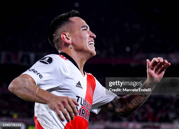 Esequiel Barco of River Plate celebrates after scoring the fourth goal of his team during the Copa CONMEBOL Libertadores 2022 match between River...