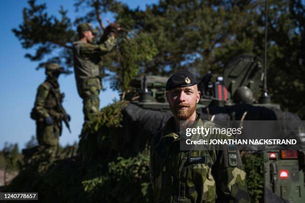 Commander Magnus Frykvall of the P18 Gotland Regiment, is pictured during a field exercise near Visby on the Swedish island of Gotland on May 17,...