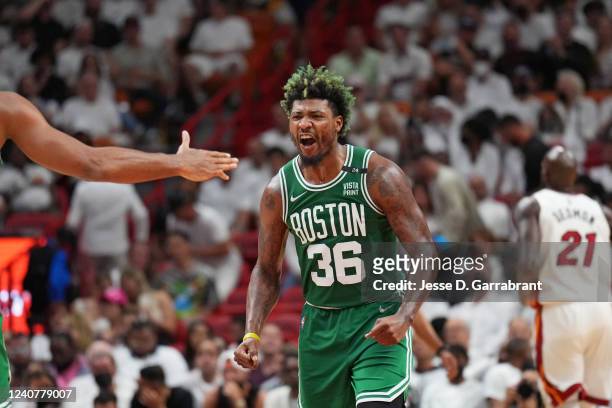 Marcus Smart of the Boston Celtics reacts during Game 2 of the 2022 NBA Playoffs Eastern Conference Finals on May 19, 2022 at The FTX Arena in Miami,...