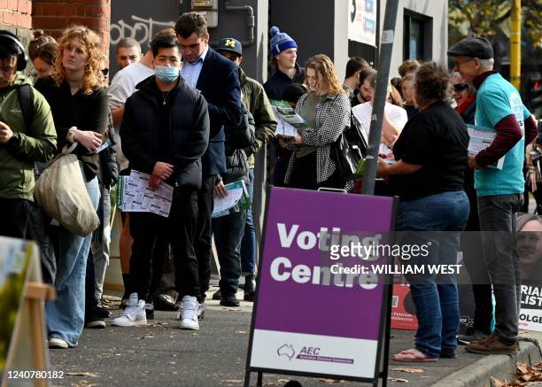 People queue outside a pre-polling centre as they vote early in Melbourne on May 20 ahead of the May 21 general election.