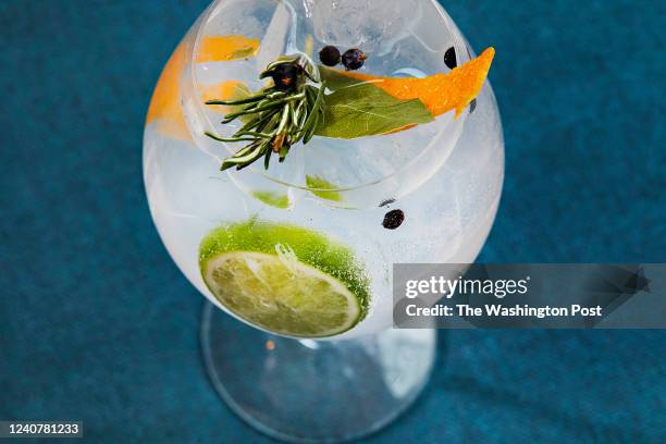 JaradÕs Gin & Tonic cocktail - gin, tonic, lime, orange and botanicals at Tremolo Bar photographed in Middleburg, Virginia on April 9, 2022. .