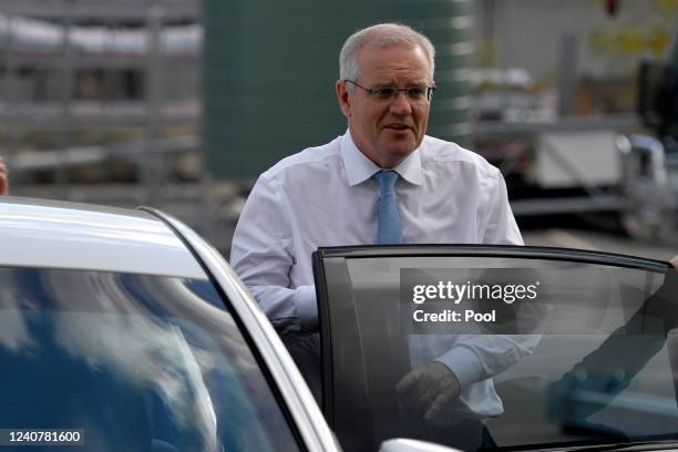 Australian Prime Minister Scott Morrison arrives for a visit at the Mak Water desalination facility as he continues his federal election campaign on...