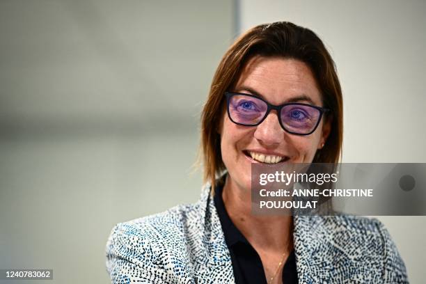 French national women football team coach Corinne Diacre answers jounalists' questions during an interview at the French Football Federation, in...