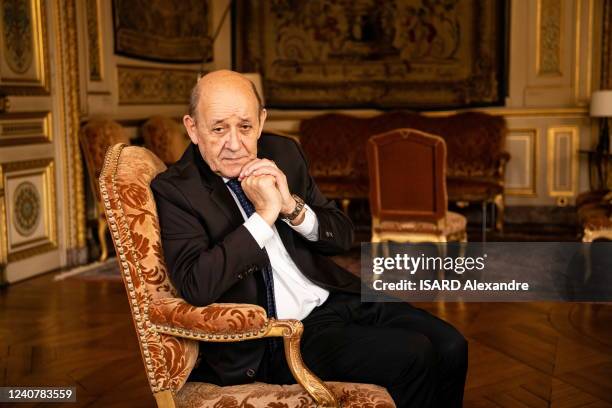 The Minister for Europe and Foreign Affairs Jean-Yves Le Drian is photographed for Paris Match at the Quai d'Orsay in the office of his ministery in...