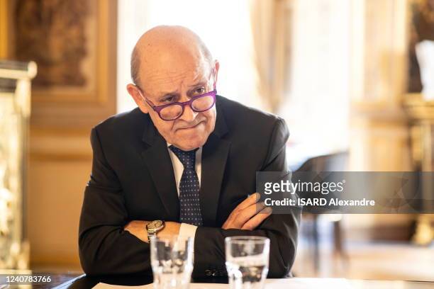 The Minister for Europe and Foreign Affairs Jean-Yves Le Drian is photographed for Paris Match at the Quai d'Orsay in the office of his ministery in...