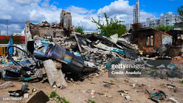 View of the crash site of a Russian plane, which was crashed on March 5 over the apartment building of Hrebnieva family in Chernihiv, Ukraine on May...
