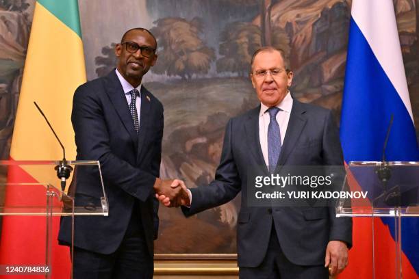 Russian Foreign Minister Sergei Lavrov and his Malian counterpart Abdoulaye Diop hold a joint press conference following their meeting in Moscow on...