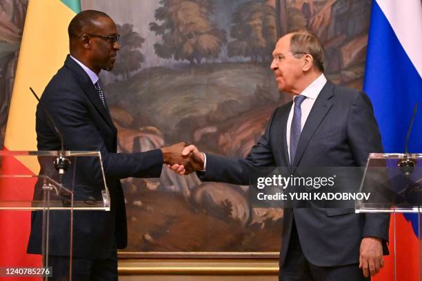 Russian Foreign Minister Sergei Lavrov and his Malian counterpart Abdoulaye Diop hold a joint press conference following their meeting in Moscow on...