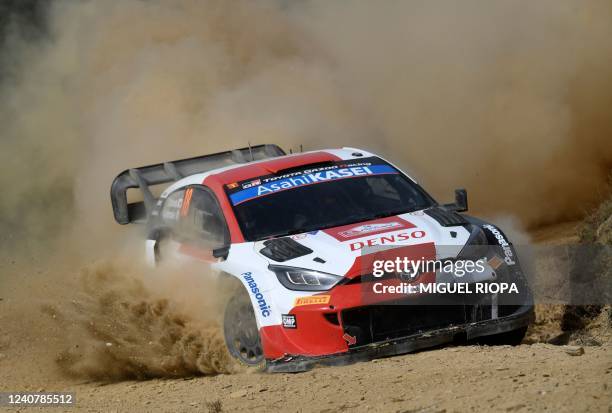 Japanese driver Takamoto Katsuta steers his Toyota GR Yaris Rally 1 with Irish co-driver Aaron Johnston during the ZE13 stage of the Rally of...