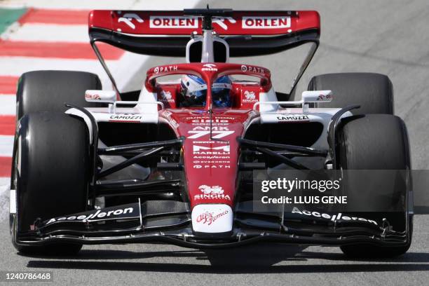 Alfa Romeo' Finnish driver Valtteri Bottas drives during the first free practice session at the Circuit de Catalunya on May 20, 2022 in Montmelo on...