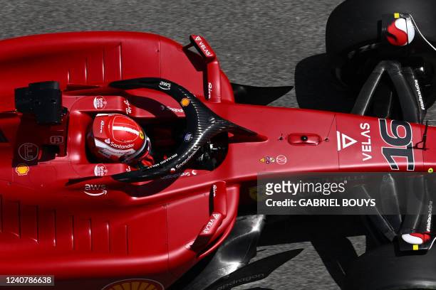 Ferrari's Monegascan driver Charles Leclerc drives during the first practice session at the Circuit de Catalunya on May 20, 2022 in Montmelo on the...
