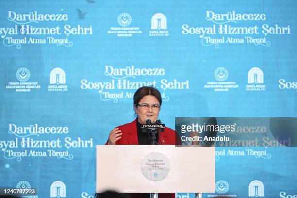 Turkish Family and Social Services Minister Derya Yanik speaks during a groundbreaking ceremony of the Hospice Social Service Complex in Istanbul,...