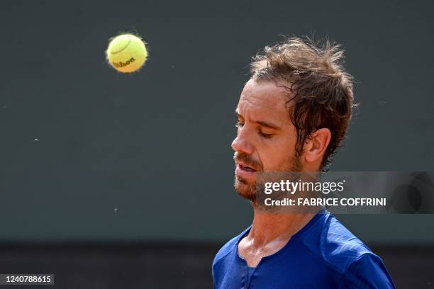 France's Richard Gasquet reacts during his semi-final match against Portugal's Joao Sousa at the ATP 250 Geneva Open tennis tournament in Geneva on...