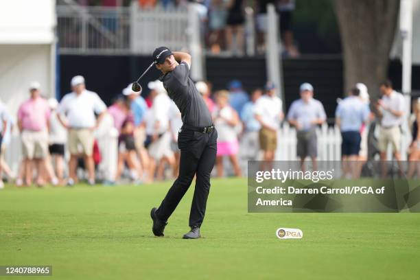 Nicolai Hojgaard of Denmark hits his shot from the fourth tee during the second round of the 2022 PGA Championship at the Southern Hills on May 20,...