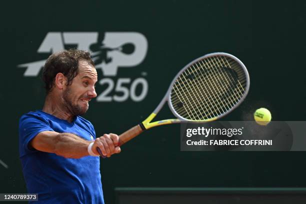 France's Richard Gasquet returns a ball to Portugal's Joao Sousa during their semi-final match at the ATP 250 Geneva Open tennis tournament in Geneva...