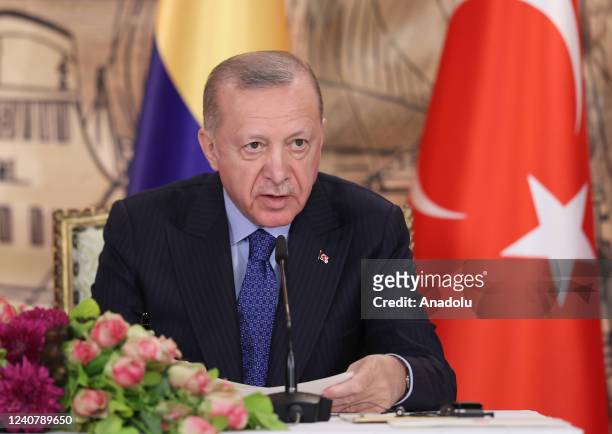 Turkish President Recep Tayyip Erdogan and President of the Republic of Colombia, Ivan Duque Marquez participate in agreement signing ceremony...