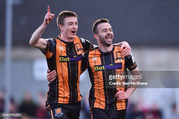 Derry , United Kingdom - 20 May 2022; Robbie Benson of Dundalk celebrates with teammate Daniel Kelly, left, after scoring his side's first goal...