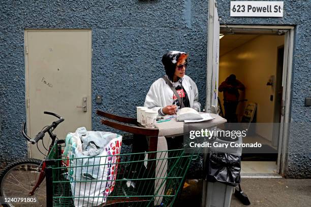 Winook Wilannish of Vancouver Island, thinks harm reduction has become a harm in itself, as she prepares a glass pipe with fentanyl to smoke in the...