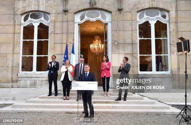 French Interior Minister Gerald Darmanin delivers a speech as outgoing Junior Minister for Digital Transition Cedric O , Outgoing Junior Minister for...