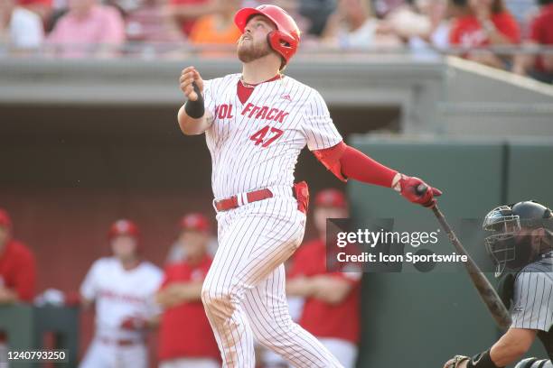 North Carolina State Wolfpack infielder Tommy White watches looks for his fly ball during the first game of the series between the Wake Forest Demon...