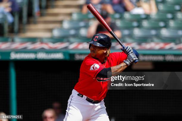 Cleveland Guardians third basemen Jose Ramirez waits for the pitch during a regular season game between the Cleveland Guardians and Cincinnati Reds...