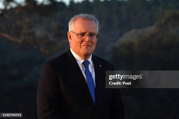 Prime Minister Scott Morrison conducts morning television interviews on Federal Election day, in the seat of McEwen on May 21, 2022 in Melbourne,...