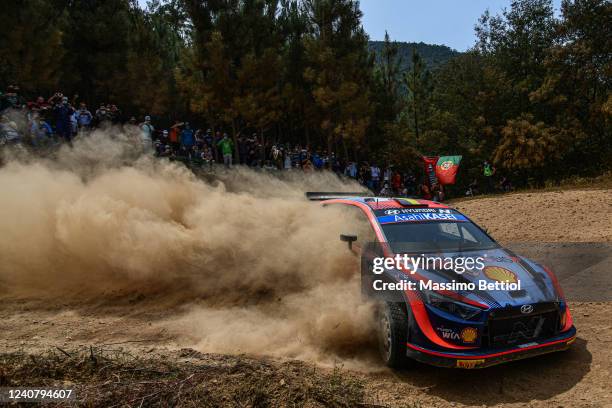 Thierry Neuville of Belgium and Martijn Wydaeghe of Belgium compete with their Hyundai Shell Mobis WRT Hyundai i20 N Rally 1 during Day Two of the...