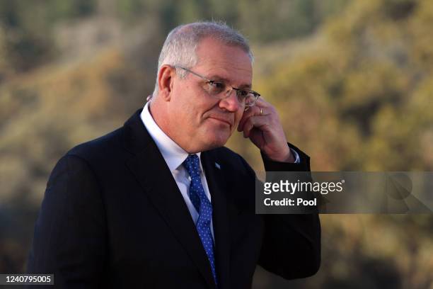 Prime Minister Scott Morrison conducts morning television interviews on Federal Election day, in the seat of McEwen on May 21, 2022 in Melbourne,...