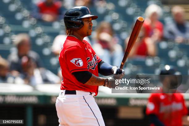 Cleveland Guardians third basemen Jose Ramirez waits for the pitch during a regular season game between the Cleveland Guardians and Cincinnati Reds...