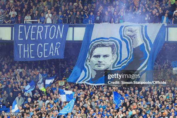 Everton fans display a banner of Everton manager Frank Lampard before the Premier League match between Everton and Crystal Palace at Goodison Park on...