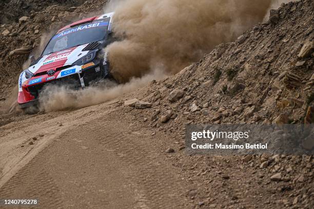 Elfyn Evans of Great Britain and Scott Martin of Great Britain compete with their Toyota Gazoo Racing WRT Toyota GR Yaris Rally1 during Day Two of...