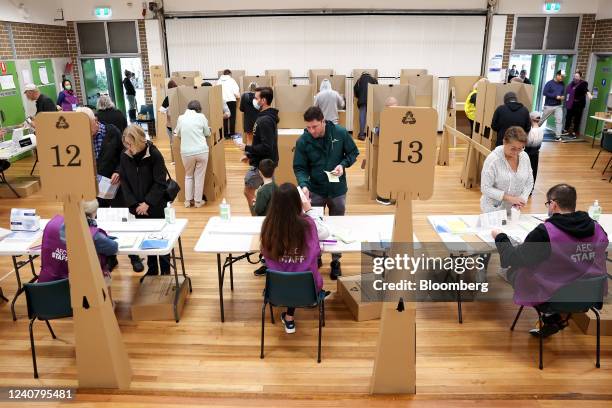 Voters cast ballots at a polling station during a federal election in Sydney, Australia, on Saturday, May 21, 2022. Australian voters began casting...