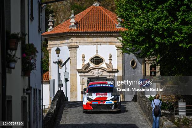 Elfyn Evans of Great Britain and Scott Martin of Great Britain compete with their Toyota Gazoo Racing WRT Toyota GR Yaris Rally1 during Day Two of...