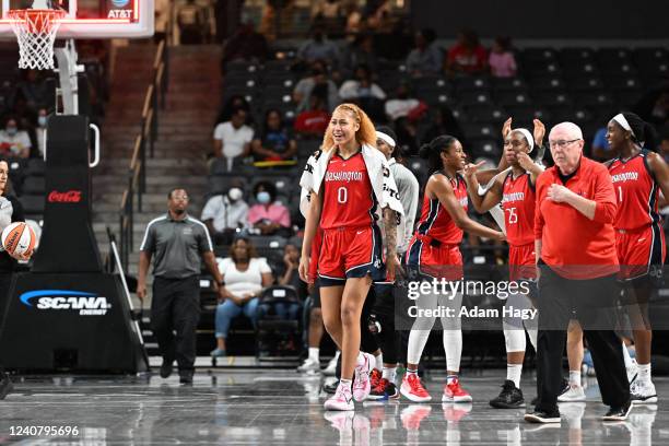 The Washington Mystics celebrate during the game against the Atlanta Dream on May 20, 2022 at Gateway Center Arena in Atlanta, Georgia. NOTE TO USER:...