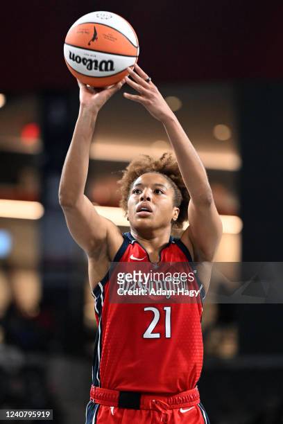 Tianna Hawkins of the Washington Mystics shoots a free throw during the game against the Atlanta Dream on May 20, 2022 at Gateway Center Arena in...