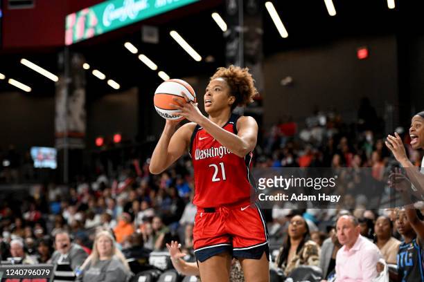 Tianna Hawkins of the Washington Mystics shoots the ball during the game against the Atlanta Dream on May 20, 2022 at Gateway Center Arena in...