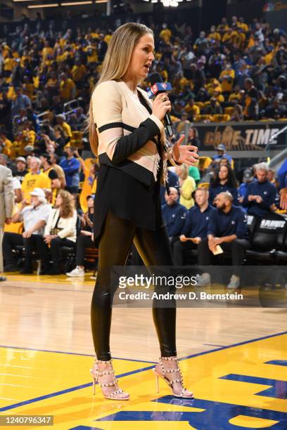 Sideline Reporter, Allie LaForce looks on during Game 2 of the 2022 NBA Playoffs Western Conference Finals on May 20, 2022 at Chase Center in San...