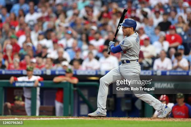Freddie Freeman of the Los Angeles Dodgers hits an RBI single in the second inning during the game between the Los Angeles Dodgers and the...