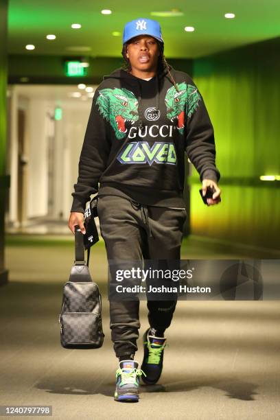 Epiphanny Prince of the Seattle Storm arrives to the arena before the game against the Los Angeles Sparks on May 20, 2022 at Climate Pledge Arena in...