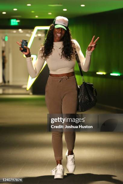 Jantel Lavender of the Seattle Storm arrives to the arena before the game against the Los Angeles Sparks on May 20, 2022 at Climate Pledge Arena in...