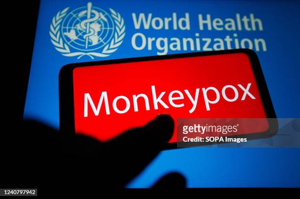 In this photo illustration, the word Monkeypox is seen on the screen of a smartphone with the World Health Organization logo in the background.