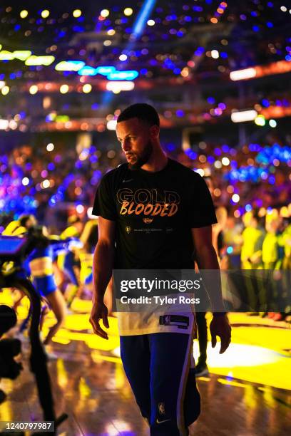 Stephen Curry of the Golden State Warriors looks on before the game against the Dallas Mavericks during Game 2 of the 2022 NBA Playoffs Western...