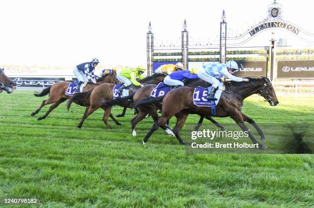 Ocean Beyond ridden by Linda Meech wins the Hilton Nicholas Straight Six at Flemington Racecourse on May 21, 2022 in Flemington, Australia.