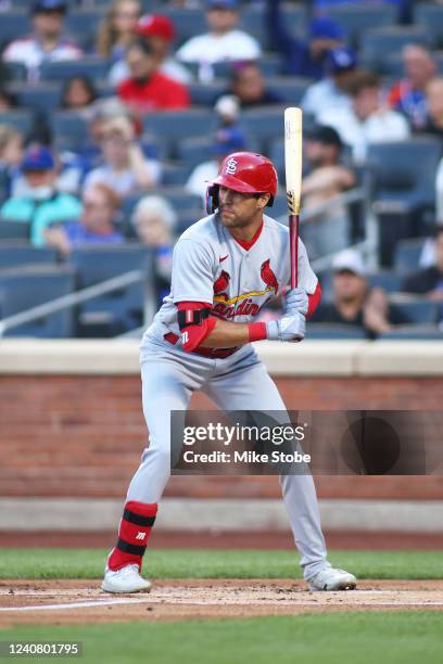 Dylan Carlson of the St. Louis Cardinals in action against the New York Mets at Citi Field on May 17, 2022 in New York City. St. Louis Cardinals...