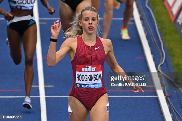 Britain's Keely Hodgkinson reacts as she crosses the line to win the women's 800m during the IAAF Diamond League athletics meeting at the Alexander...
